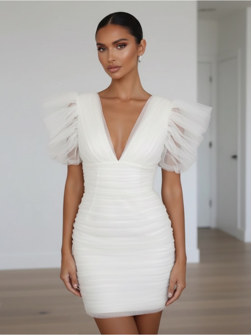 KAYLEE KOLLECTION White Ruched Mesh Puff Sleeve Mini Dress XXS XS S